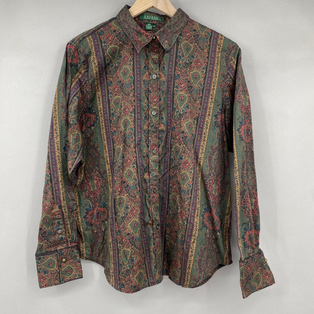 Vtg 90s Lauren Ralph Lauren Paisley Stripe Cotton Shirt Women XL LS Button Up